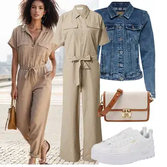 Outfit s Béžová/Hnědá/Khaki Overal se širokými nohavicemi/Letní overall/Manšestrový overal/Elegantní overal/Overal se zipem/Svatební kombinéza Modström "Stylový look na jaro"