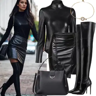 Outfiti Za Zabave Lahke mit Črna/Bela/Rumena Usnjen Škornj Čez Koleno/Škornj čez Koleno/Dolg Škorenj/Visok Škornj do Kolen Högl "Seksi Zimski Outfit"