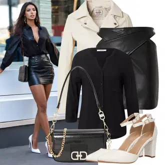 Dlouhé Outfit s Černá Dlouhá Halenka/Tunikové Tričko/Kožená bunda pro muže/Halenka S 3/4 Rukávem/Slip-on Halenka/Blůza s knoflíčkem About You "Elegantní vzhled"