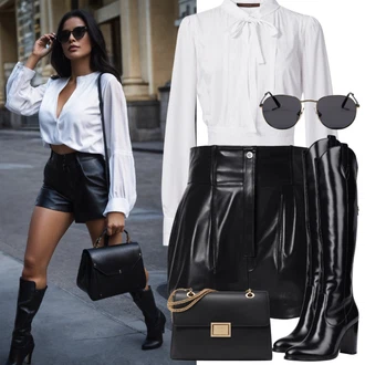 Outfit s Bílá/Černá Kožená Kozačka nad Koleno/Kozačka nad Kolena/Dlouhá Kozačka/Kozačka po Kolena/Kozačka Na Podpatku Katy Perry "Sexy Fasching Outfit"