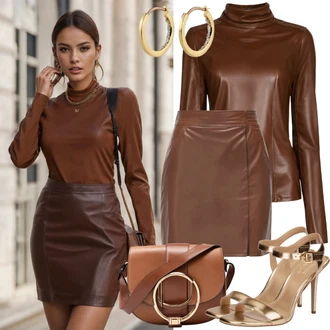 Outfit s Hnědá/Tmavě hnědá Krátká Sukně/Sukně z umělé kůže/Manšestrová sukně/Kožená Sukně Kožená Minisukně/70tá Léta Minisukně/Kožená Sukně VERO MODA "Sexy Silvestrovský Styl"