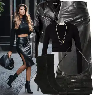 Outfit sa Tamnozelena/Tamnosiva/Siva/Crna/Bijela Kožna Suknja/Suknja od umjetne kože SECOND FEMALE "Elegantan izgled"