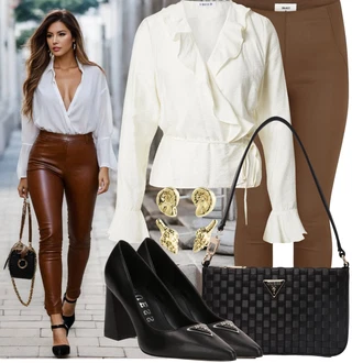 Outfit sa Bijela/Bež/Žuta Bluza s Leptir Mašnom/Musseline Bluz/Omotana Bluza Edited "Elegantan izgled"