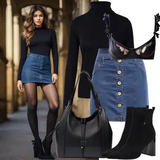 outfit mit Modra/Svetlo modra Denim Krilo/Vintage Denim Krilo Diesel "Šik oblačilo z jeans krili in črnimi nogavicami"