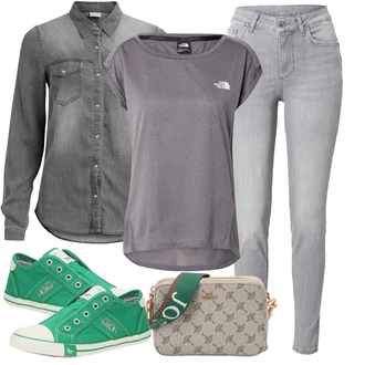 Ovratnik s pritrdilnimi gumbi outfit mit Siva/Temno siva/Svetlo siva Bluza velika velikost Vila "Sodobni Pomladni putfit"