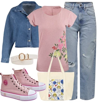 50. leta outfit mit Svetlo modra/Modra Vintage Kavbojke/Mom Jean/Dad Kavbojka/Girlfriend Kavbojke/Boyfriend Kavbojke/Kavbojke z Razporkom/Kavbojke z Luknjo/Formalna Srajca/Široke Kavbojke Only "Sodobni Pomladni putfit"Look: Boyfriend, 50. leta, Klasična, Boho, Vintage, Egirl, Grunž, Boemski, Estetski