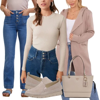 Visok pas outfit mit Moška majica/Športni čevlji/Odrezane Kavbojke/Šiškata Kavbojka/Kavbojke Visokega Pasu/Regular Fit Kavbojke/Kavbojke na Poteg/Vintage kavbojke/Zimska jakna orsay "Sodobni Pomladni putfit"
