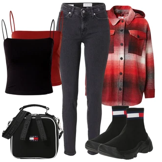 Lovstvo outfit mit Temno rdeča/Rdeča Jakna s Kapuco/Volna Jakna/Jesenska jakna/Lumberjack Jakna/Srajčna jakna S.Oliver "Sodobni Pomladni putfit"Look: Prosti čas, Hoja, Lovstvo