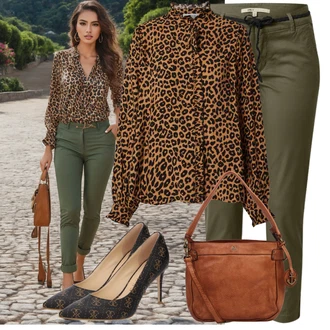 Leopardí Outfit s Žlutá/Hnědá/Fialová Halenka s Trychtýřovým Límcem/Halenkový Top/Halenka s Potiskem/Neobvyklá Halenka/Crash blůza/Halenka s Mašlí/Halenka se Stojatým Límcem/Vzorovaná Halenka Edited "Jarní outfit"