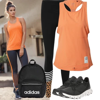 Outfit s Černá/Oranžová/Bílá Legíny s Podšívkou/Legíny s Rozparkem/Pletený Legín/Legíny s Vysokým Pasem/Sportovní Legína/Legíny na Jógu/Legíny do Posilovny Hey Honey "Sportovní outfit"