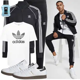 Sport Outfits Kurvige mit Schwarz/Dunkelgrau/Dunkelblau Stehkragen-Strickjacke/Strickjacke Gefüttert/Strickjacke Tracht/Baumwoll Strickjacke/Vintage Strickjacke/Mantel/Sweatmode/Strick Große Adidas Originals, Creme/Weiß Bluse Große Größe/Sport-T-Shirt/Kurzarm T-Shirt/T-Shirt Mit Print/Print Shirt/Übergroßes T-Shirt/Ausgefallenes T-shirt/Umstands T-Shirt/Casual T-Shirt/Shirt & Top Große Größe Adidas Originals "Sport Outfit"