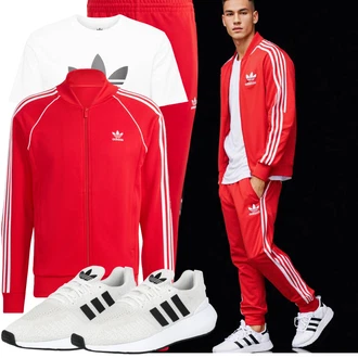 Outfit mit Rot/DunkelRot Strickjacke Tracht/Stehkragen-Strickjacke/Vintage Strickjacke/Strickjacke Gefüttert/SommerStrickjacke/Baumwoll Strickjacke/Sportjacke/Laufjacke/Vintage Jacke/Jacke mit Seitlichem Reißverschluss/Sommerjacke/TrachtenStrickjacke/Sweatmode/Mantel/Strick Große Adidas Originals "Sport Outfit"