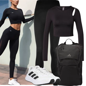 Outfit sa Crna Tople Tajice/Tajice s Prorezom/Tajice visokog Struka/Treggings/Pletena Tajica/Neprozirna Tajica/Podstavljena Tajica/Termo Hlača/Oblikovana Tajica/Push-up Tajice/Kožna Jakna Adidas Performance "Sportski outfit"