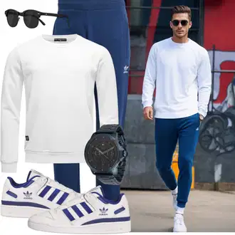 Logoprint Outfit mit Dunkelblau/Blau Jogginghose/Jerseyhose/Sporthose/Fleecehose/Jogger Hose/Trainingshose Adidas Originals, Blau/Hellblau/Dunkelblau/Weiß Leder Sneaker/Sneaker Low/Skateschuh/Sneaker Mit Klettverschluss/Sommer Sneaker/Vintage Sneaker Adidas Originals "Sportlich Outfit"