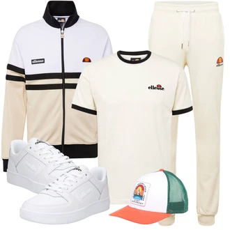 Sport Outfits 70er mit Creme/Khaki/Orange/Weiß/Beige Jogginghose/Jerseyhose/Fleecehose/Trainingshose/Schlupfhose/Sporthose Ellesse "Sportlich Outfit"Look: Uni, Unisex, 70er, Casual, Streetwear, Vintage, Classic, Retro
