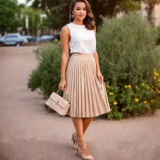 Skirt outfits Tenis Poletje mit Bež/Khaki/Rjava/Bela Kratka plisirana krila/Študentsko Krilo/Moderno krilo/Krilo A-linije Trendyol "Sproščen maturantski outfit"Look: Badminton, Golf, Tenis