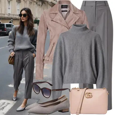 Kombinace Šedá/Světle šedá Plisovaná kalhoty/Kalhoty s nášivkou uprostřed/Marlene Kalhoty/Plisovaná Kalhoty/Široká Kalhoty/Kalhoty s Vysokým Pasem/Palazzo Kalhoty millane kombinovat s Růžová Bunda Motorkářské Bund/Neobvyklá Bunda/Bunda z Umělé Kůže/Bunda s Bočním Zipem/Kožené Bund/Motorkářská Bunda/Kožená vintage Bunda Freaky Nation