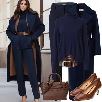 Dresses outfits Plemenita Zima mit Temno modra Plašč iz Bukleja/Dolg Plašč/Volnen zimski plašč/Pleteni Plašč/Midi Plašč/Volnen Plašč iz Flisa/Plašč iz Kašmirja/Loden plašč/Pleten Plašč iz Flisa answear lab "Stari Denar Zimski Videz"Look: Stil, Overdressed, Mehko, Prevelik, Delovna oblačila, Plemenita, Pametno priložnostno