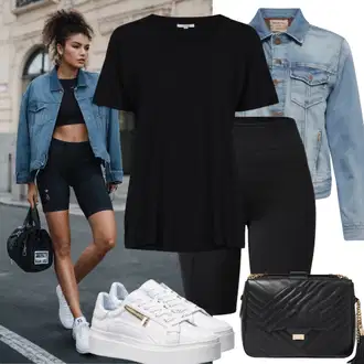 Outfit inspiracije Ljeto sa Crna/Smeđa Biciklističke hlače/Kratka Hlača Only Play, Bijela Ljetna tenisica/Tanka tenisica/Niska Tenisica/Kožna tenisica/Tenisica s platformom/Skate cipela, Crna Majica za treniranje/Sportka majica bez rukava/Obični top/Majica/Kratki top/Funkcionalna majica Under Armour, Svjetloplava/Krem/Plava Traper Jakna/Vintage Jakna/Kratka Traper Jakna Zadig & Voltaire "Stillvoles odjeća s oversized majicama i biciklističkim hlačama"