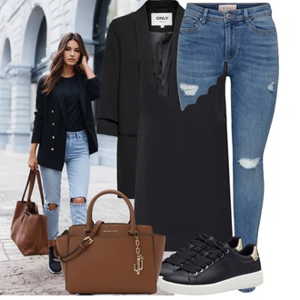 Outfit s Tmavě modrá/Černá Úzká Teniska/Tenisky s Bočním Zipem/Nízká Teniska/Kožené Tenisky/Teniska na platformě Tamaris "Stylový look na jaro"