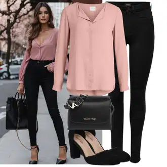 so sponou Outfit s Růžová Blůza s knoflíčkem/Slip-on Halenka/Halenkový Top/Kožená bunda/Halenka se Stojatým Límcem/Halenkové Body/Hedvábná Halenka/Halenka s Dlouhým Rukávem/Tunikové Tričko/Jednobarevná Halenka/Dlouhá Halenka Vila "Módní jarní outfit"