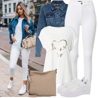 S nápisem Outfit s Fialová/Zlatý Neformální tričko/Fancy tričko/Košile Carmen/Tričko nadměrné velikosti/Top Na Party/Košile s potiskem/Košilový top/Tričko s krátkým rukávem/Tričko na spaní/Zavinovací Tričko/Tričko S nápisem About You "Stylové kombinace pro volný čas"