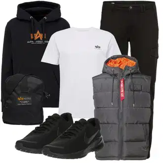 Outfit mit Grau/DunkelGrau/HellGrau/Schwarz Mantel Parka große Größe Alpha Industries "Street Style Outfit"