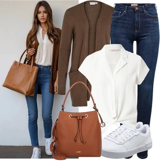 Výstřih na ramena Outfit s Béžová/Hnědá/Šedá/Khaki Pletenina veľkej veľkosti/Kabát Vila "Cool každodenní outfit"