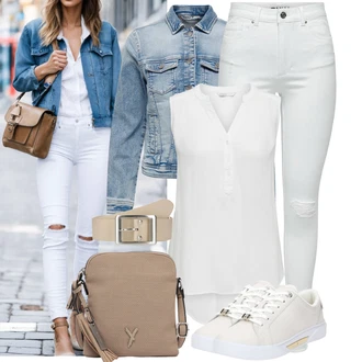 Zapínání na knoflíky Outfit s Šedá/Bílá/Krémová Halenka a Tunika Tunika Only "Jedinečný volnočasový outfit"