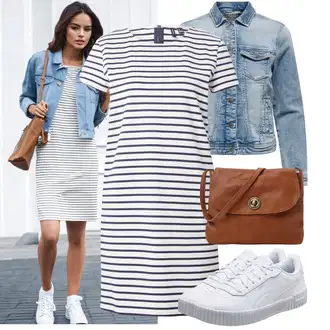 Výstřih na ramena Outfit s Tmavě modrá/Bílá Pouzdrové Šaty/Tričkové šaty VERO MODA "Stylový look na jaro"