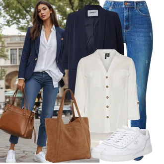 Zapínání na knoflíky Outfit s Šedá/Khaki/Bílá/Hnědá/Béžová/Světle zelená Tunikové Tričko/Halenka S 3/4 Rukávem/Blůza s nášivkou na lokti/Oversize Muselínová Blůza/Kožená bunda/Blůza s knoflíčkem Vero Moda Tall "Skvělý vzhled pro volný čas"