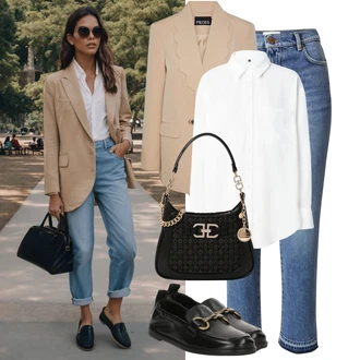 Outfit s Bílá/Krémová Dlouhá Halenka/Halenka se Stojatým Límcem/Businessová Halenka/Oversize Muselínová Blůza/Halenkové Body/Blůza s knoflíčkem/Lněná Halenka/Žehlení odolná blůza/Halenka s Dlouhým Rukávem/Slip-on Halenka/Blůza s nášivkou na lokti/Oversize Halenka Trendyol "Stylový outfit na jaro"