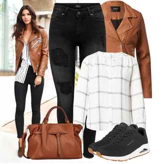 Outfit s Bílá/Hnědá Károvaná Halenka/Flanelová Halenka Only "Lehký outfit"