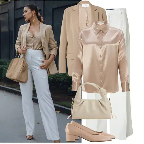 Kombinace Bílá/Khaki/Šedá/Krémová/Světle zelená Kalhoty s nášivkou uprostřed/Kalhoty se Štěrbinou/Široká Kalhoty/Mušelínové kalhoty/Lněné Kalhoty/Marlene Kalhoty Polo Ralph Lauren kombinovat s Béžová/Hnědá/Zlatý Saténová Halenka/Hedvábná Halenka Opus