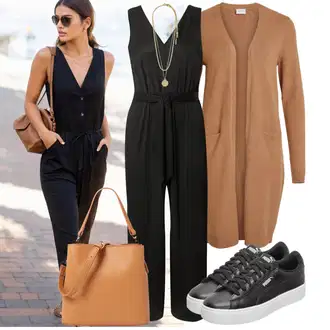 Outfit s Černá/Šedá Letní overall/Overal s půlkulatým výstřihem/Overal se širokými nohavicemi/Elegantní overal About You "Stylový look na jaro"