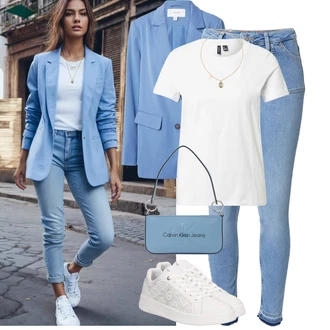 Outfit s Světle modrá/Modrá Kožená bunda/High Waist Džínové Kalhoty/Džíny s Rozparkem/Džín s Nízkým Pasem/Push up Džín/Navlékací džíny/Kožené Boty/Zimní bunda ESPRIT "Stylový outfit na jaro"
