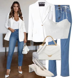s kopčom Outfit sa Bijela/Krem Sako Jakna/Kratki Sako/Boyfriend Sako/Pleteni Sako/Elegantni Sako/Pamučni Sakoi/Kožna jakna za muškarce/Kožna jakna za muškarce Versace Jeans Couture "Moderni outfit za proljeće"