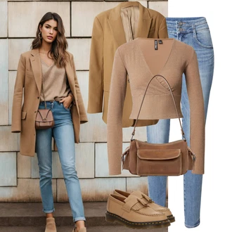 Outfit s Hnědá/Krémová/Béžová Mokasín/Polobotek Trotteur/Nízká bota na podpatku/Goodyear welted bota Dr. Martens "Stylový outfit na jaro"