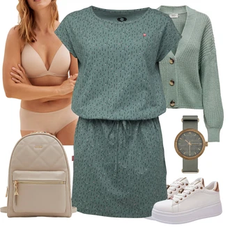 Krátká Outfit s Zelená/Tmavě zelená/Tyrkysový Bavlněné Šaty/Žerzejové Šaty/Tunikové šaty/Občanské šaty/2-v-1 šaty/Šaty Niki/Tvidové šaty/Šaty s Kapsou/Ležérní Šaty/Manšestrové Šaty/Pletené Šaty/Šaty S Kosticí loap "Stylový look na jaro"