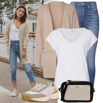 Outfit s Hnědá/Béžová/Bílá/Khaki/Krémová Zimní svetr/Svetr kroj/Svetr s podšívkou/Dlouhé Kardigany/Vlněný kardigán/Kašmírový kardigán/Svetr boucle VERO MODA "Svetr Pohodlný Styl"