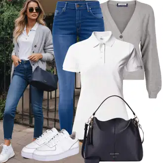 Old Money Style Preppy s Bílá/Hnědá Polo Tričko Pull&Bear "Tenis Staré Peníze Outfit"Look: Námořní, Preppy, Sportovní, Unisex