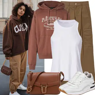 Outfit Inspo Poletje mit Črna/Rjava/Roza Prevelik pulover s kapuco na zadrgo/Jopica iz flisa hollister co., Bela/Siva Ozka superga/Superge Nizka/Usnjene superge kinetix, Rjava/Bež/Khaki bİkelİfe, Krem/Rjava/Bela/Rdeča Odrezana majica brez rokavov/Kratki top 2ndday "Tipičen videz iz 90. let"