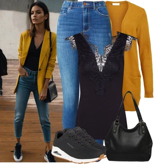 Outfit s Modrá Džíny s Dírou/Džíny s Rozparkem/Kožené Boty/Push up Džín/Zkrácené Džíny/Navlékací džíny/Kotníková Bota/Kožená Pánská Bund/Kožená bunda/Zimní bunda/Dámské Džíny s Délkou 7/8/High Waist Džínové Kalhoty VERO MODA "Skvělý pro volný čas"