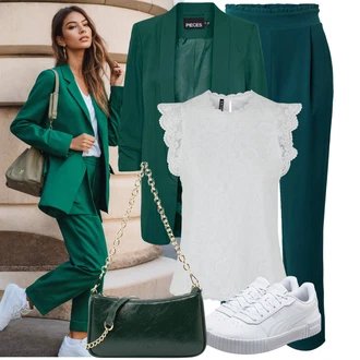 Zapínání na knoflíky krajkou Outfit s Šedá/Krémová/Stříbrný/Bílá Halenka a Tunika/Tričko & Top Móda Pro Plnoštíhlé/Halenka Móda Pro Plnoštíhlou Pieces "Stylový look na jaro"