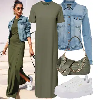 Výstřih na ramena Outfit s Tmavě zelená Žerzejové Šaty/Tričkové šaty/Šaty s Rozparkem/Maxi Šaty/Šaty S Rovným Střihem/Dlouhé pletené šaty Pieces "Lehký outfit"