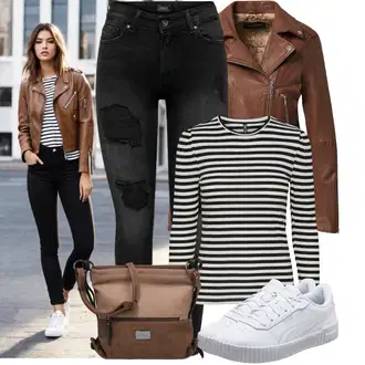 Outfit s Hnědá/Oranžová/Tmavě hnědá Kožené Bund Bunda z Umělé Kůže/Motorkářská bunda/Kožené Bund/Motorkářské Bund/Kožená vintage bunda Oakwood "Vzhled casual"