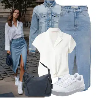 A-kroj Outfit sa Svjetloplava/Plava Kratke hlače velike veličine/Haljina Veći Broj JdY "Moderan outfit za slobodno vrijeme"Look: Stil, Rap, Prevelik, A-kroj, 90-ich, Old Money, Vintage, Transparentan