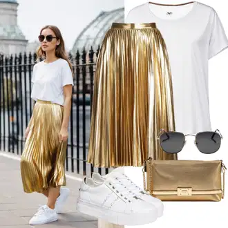 Outfit inspiracije 90-ich sa Bijela Ljetna tenisica/Tanka tenisica/Niska Tenisica/Kožna tenisica/Tenisica s platformom/Skate cipela "Upečatljiva odjevna kombinacija s zlatnim plisiranim suknjama i bijelom majicom"Look: klasický, Skater, Sportski, Steampunk, Hip Hop, Retro, Estetika, 90-ich