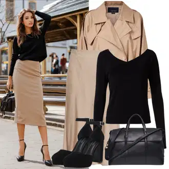 Outfit s Hnědá/Khaki/Béžová Midi Sukně/Sukně do Délky Lýtka/Pletená sukně/Tužková sukně/Sukně S Délkou Ke Kolenům/Moderní Sukně/Elastická Sukně Kaffe "Vánoční Elegantní Vzhled"