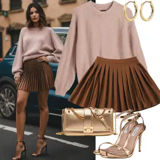 Outfit inspiracije Svatovski gost sa Zlatni/Žuta Sandalice s blok petom/Sandala na Petu/Sandala s petom/Sandala s vratilom michael kors, Zlatni/Smeđa/Crvena Naušnica s prstenom Vuch "Vremenski outfit s plisiranim suknjom i puloverom"